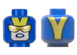 Blue Minifig, Head Glasses with Gold Sunglasses, Open Mouth Scowl with Teeth, V on Back Pattern - Stud Recessed
