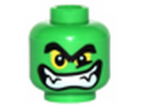 Bright Green Minifig, Head Alien Black Thick Eyebrows, Yellow Eyes and Wide Grin with Teeth and Fangs Pattern - Stud Recessed