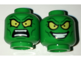 Bright Green Minifigure, Head Dual Sided Alien with Large Yellow Eyes, Angry / Wide Evil Grin Pattern (Green Goblin) - Hollow Stud
