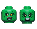 Bright Green Minifigure, Head Dual Sided Alien Dark Green Eyebrows and Cheek Lines, Small Yellow Eyes, Smile / Angry Pattern - Hollow Stud