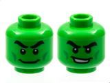 Bright Green Minifigure, Head Dual Sided Black Thick Eyebrows, Green Cheek Lines, Wide Grin / Open Smile Pattern - Hollow Stud
