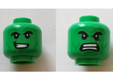 Bright Green Minifigure, Head Dual Sided Black Thick Eyebrows, Green Cheek Lines and Stubble, Open Mouth Smile with Teeth / Angry with Bared Teeth Pattern (Hulk) - Hollow Stud