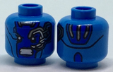 Dark Azure Minifig, Head Dual Sided Alien Female with Blue Face, Mechanical Left Eye, Angry Expression and Silver Stripes on Back Pattern - Stud Recessed