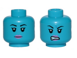 Dark Azure Minifig, Head Dual sided Alien Female with Black Eyebrows and Pink Lips, Neutral / Angry Pattern (SW Aayla Secura) - Stud Recesssed