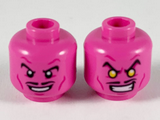 Dark Pink Minifigure, Head Dual Sided, Black Eyebrows and Pencil Moustache, Magenta Cheek Lines, Smile / Scowl with Yellow Eyes Pattern - Hollow Stud