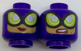 Dark Purple Minifig, Head Dual Sided Female Balaclava, Large Lime Goggles, Medium Nougat Face, Smile / Sneer Pattern - Stud Recessed