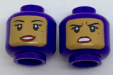 Dark Purple Minifig, Head Dual Sided Female Balaclava with Medium Nougat Face, Beauty Mark, Smile / Annoyed Pattern - Stud Recessed