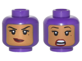 Dark Purple Minifig, Head Dual Sided Female Balaclava with Medium Nougat Face, Beauty Mark, Crooked Smile / Scared Pattern - Stud Recessed