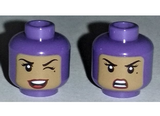 Dark Purple Minifig, Head Dual Sided Female Balaclava with Medium Nougat Face, Beauty Mark, Winking Smile with Teeth / Angry Pattern - Stud Recessed