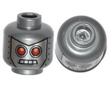 Flat Silver Minifigure, Head Alien with Red Eyes, 4 Mouth Squares and Rivets Pattern - Hollow Stud