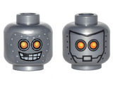 Flat Silver Minifigure, Head Dual Sided Alien Robot with Yellow Eyes, Mask with Metal Bolts, Closed Mouth / Open Mouth Pattern - Hollow Stud