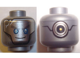 Flat Silver Minifigure, Head Alien with Robot Silver with Blue Eyes, Gray Eyebrows and Crack, Circles on Back Pattern - Hollow Stud