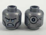 Flat Silver Minifigure, Head Dual Sided Alien Shiny Blue Eyes, Black Eyebrows and Face Contours, Large Circle on Back Pattern - Hollow Stud