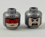Flat Silver Minifigure, Head Dual Sided, Balaclava with Light Nougat Face, Red Goggles / Angry with Open Mouth Pattern - Hollow Stud