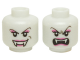 Glow In Dark White Minifigure, Head Dual Sided Alien with Black Eyes, Fangs, Arched Eyebrows, Mouth Closed / Mouth Open Pattern (Lady Vampyre) - Hollow Stud