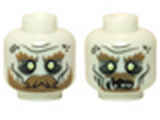 Glow In Dark White Minifig, Head Dual Sided LotR Ghost with Glowing Eyes, Moustache, and Circles on Temples, Mouth Closed / Mouth Open Pattern - Stud Recessed