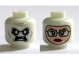 Glow In Dark White Minifig, Head Dual Sided Alien with White Eyes and Teeth / Balaclava, Light Nougat Female Face with Glasses, Red Lips Pattern - Stud Recessed