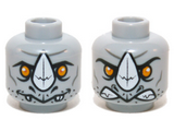 Light Bluish Gray Minifigure, Head Dual Sided Alien Chima Rhinoceros with Orange Eyes and White Horn, Neutral / Angry Pattern (Rogon) - Hollow Stud