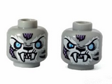 Light Bluish Gray Minifigure, Head Dual Sided Alien Chima Tiger with Fangs, White Face Fur and Light Blue Eyes, Smile / Angry Pattern (Sykor) - Hollow Stud
