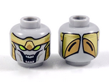 Light Bluish Gray Minifigure, Head Alien with Gold Armor, Lime Eyes, Large Open Mouth with 8 Teeth Pattern - Hollow Stud