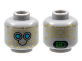 Light Bluish Gray Minifigure, Head Alien Robot with Gold Circuitry, Medium Azure Eyes, Black Smile, and Bright Green Battery Indicator on Back Pattern - Hollow Stud