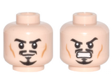 Light Nougat Minifig, Head Dual Sided Moustache, Goatee and Cheek Lines, Determined / Angry Pattern - Stud Recessed