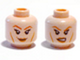 Light Nougat Minifig, Head Dual Sided Female, Dark Orange Eyebrows, Eyelashes and Cheek Lines, Smile / Angry Pattern - Stud Recessed