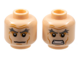 Light Nougat Minifig, Head Dual Sided Gray Eyebrows, Wrinkles and Cheek Lines, Frown / Angry Pattern - Stud Recessed