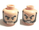 Light Nougat Minifig, Head Dual Sided Bushy Black Eyebrows and Long Thick Sideburns, Frown / Angry Pattern - Stud Recessed