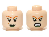 Light Nougat Minifig, Head Dual Sided Female Green Lips and Orange Eyebrows, Smile / Bared Teeth Pattern - Stud Recessed