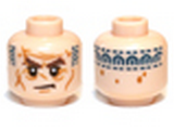 Light Nougat Minifig, Head LotR Bushy Brown Eyebrows and Wrinkles with Dark Blue Tattoo on Reverse Pattern (Dwalin) - Stud Recessed