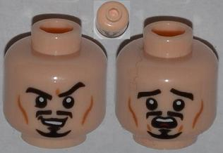 Light Nougat Minifig, Head Dual Sided Moustache, Goatee and Cheek Lines, Sneer / Scared Pattern - Stud Recessed