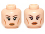 Light Nougat Minifig, Head Dual Sided Female Brown Thin Eyebrows, Eyelashes, Cheek Lines, Smile / Determined Pattern - Stud Recessed