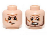 Light Nougat Minifigure, Head Dual Sided Scars and Gold Tooth, Crooked Smile, Clean Shaven / Angry, Beard and Stubble Pattern (Butch Cavendish) - Hollow Stud