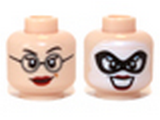 Light Nougat Minifig, Head Dual Sided Female Dark Red Lips and Glasses / Mask, White Face Paint and Open Mouthed Smile Pattern (Dr Harleen Quinzel) - Stud Recessed