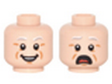 Light Nougat Minifig, Head Dual Sided Light Gray Eyebrows, White Pupils, Open Mouth, Cheek Lines, Smile / Open Mouth Scared Pattern - Stud Recessed