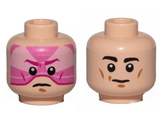 Light Nougat Minifig, Head Dual Sided Black Eyebrows, White Pupils, Chin Dimple, Slight Smile / Pink Visor, Frown Pattern (SW Gray Squadron Pilot) - Stud Recessed