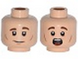 Light Nougat Minifig, Head Dual Sided Male Brown Eyebrows, White Pupils and Chin and Cheek Dimples, Slight Smile / Scared Pattern - Stud Recessed