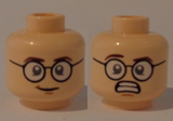 Light Nougat Minifig, Head Dual Sided Glasses, White Pupils, Smile / Scared with Teeth Pattern (Egon Spengler) - Stud Recessed