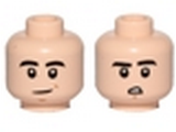 Light Nougat Minifig, Head Dual Sided Black Eyebrows, Slight Crooked Smile / Downturned Mouth with Teeth Pattern - Stud Recessed