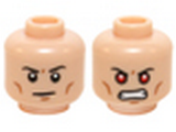 Light Nougat Minifig, Head Dual Sided Black Thin Eyebrows, Cheek Lines, Chin Dimple / Bared Teeth with Red Eyes Pattern (Superboy) - Stud Recessed