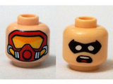 Light Nougat Minifig, Head Dual Sided Black Eye Mask, Open Mouth / Red Scuba Mask with Orange Goggles Pattern (Robin) - Stud Recessed
