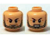 Light Nougat Minifig, Head Dual Sided Brown Eyebrows, Stubble Beard, Gold Chin Strap, Serious / Bared Teeth Pattern (Hawkman) - Stud Recessed