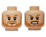 Light Nougat Minifig, Head Dual Sided Light Brown Eyebrows and Beard, Smile / Angry Pattern - Stud Recessed