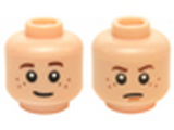 Light Nougat Minifig, Head Dual Sided LotR Brown Eyebrows and Freckles, Slight Smile / Frown (Bain) Pattern - Stud Recessed