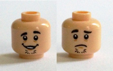 Light Nougat Minifig, Head Dual Sided Black Eyebrows, Chin Stubble, Open Mouth Grin / Sad Face Pattern (Shaggy) - Stud Recessed