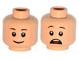 Light Nougat Minifig, Head Dual Sided Brown Eyebrows, Pupils, Smile / Open Mouth Scared with Teeth and Tongue Pattern (Gray) - Stud Recessed