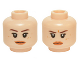 Light Nougat Minifig, Head Dual Sided Female Freckles, Brown Eyebrows, Peach Lips Neutral / Scowling Pattern (Rey) - Stud Recessed