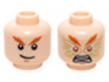 Light Nougat Minifig, Head Dual Sided Orange Eyebrows, White Pupils, Smirk / Gold Eyes, Open Mouth with Teeth Pattern (Lightning Lad) - Stud Recessed