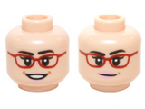 Light Nougat Minifigure, Head Dual Sided Female Glasses Red Frames, Dark Brown Eyebrows with Open Smile / Slight Smile Pattern (Amy Fowler) - Hollow Stud